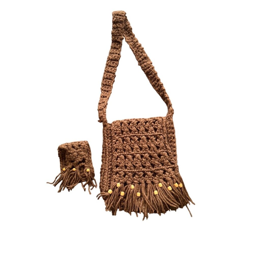 Handmade Crochet Brown Fringe Crossbody Bag & Pouch Set